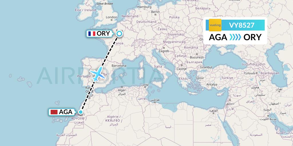 VY8527 Vueling Flight Map: Agadir to Paris