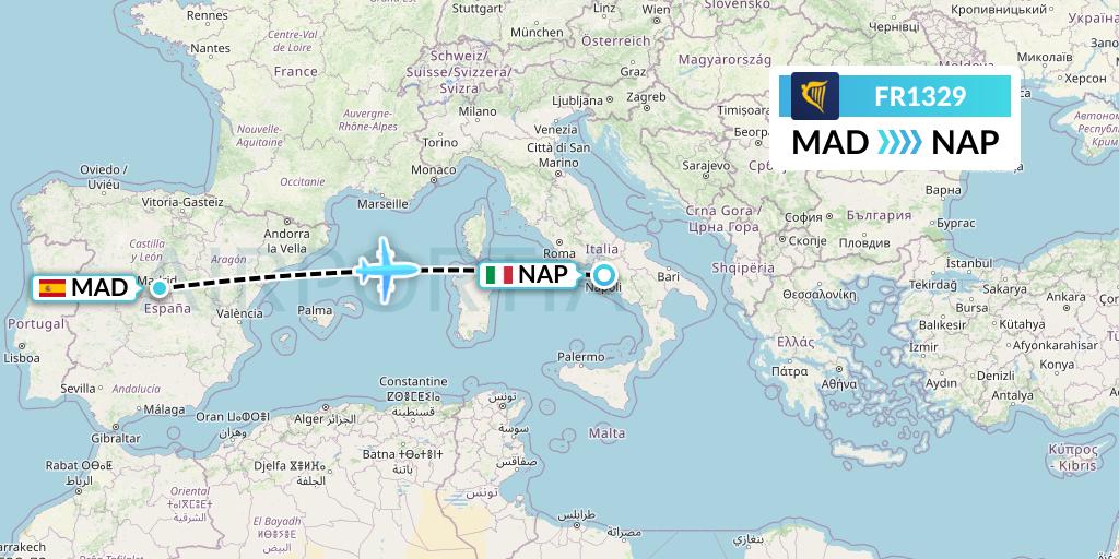FR1329 Ryanair Flight Map: Madrid to Naples