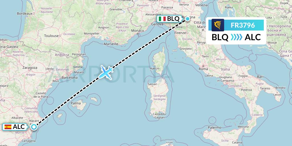 FR3796 Ryanair Flight Map: Bologna to Alicante