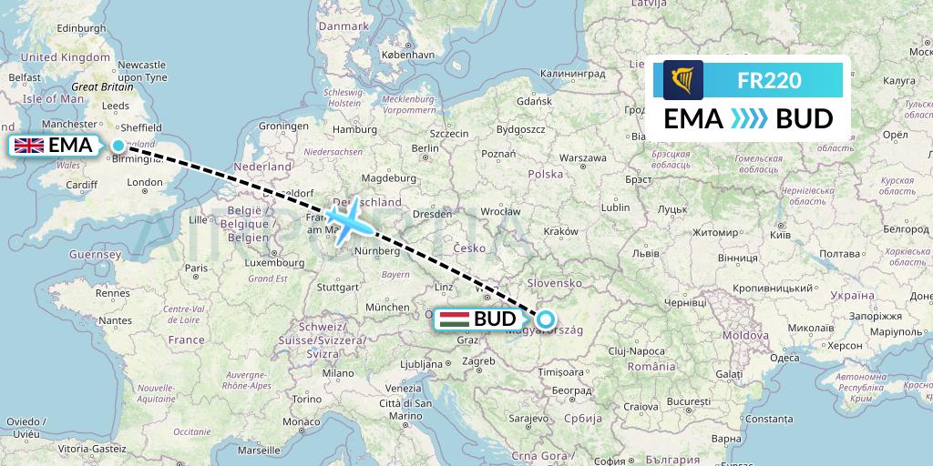 FR220 Ryanair Flight Map: East Midlands to Budapest