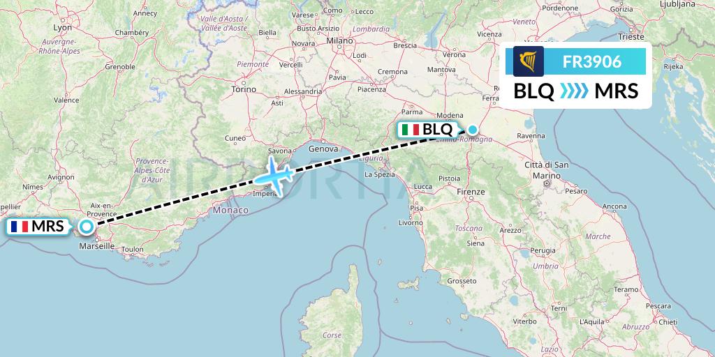 FR3906 Ryanair Flight Map: Bologna to Marseille