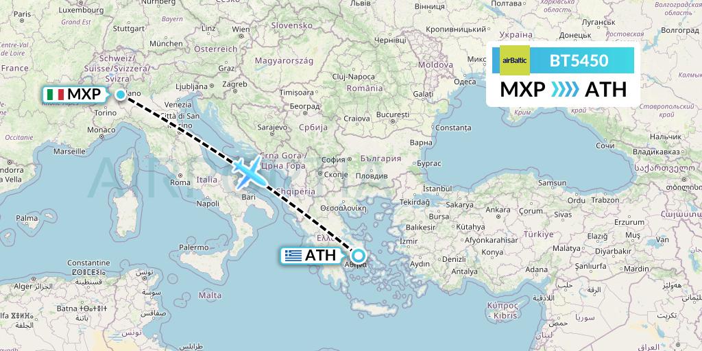 BT5450 Air Baltic Flight Map: Milan to Athens