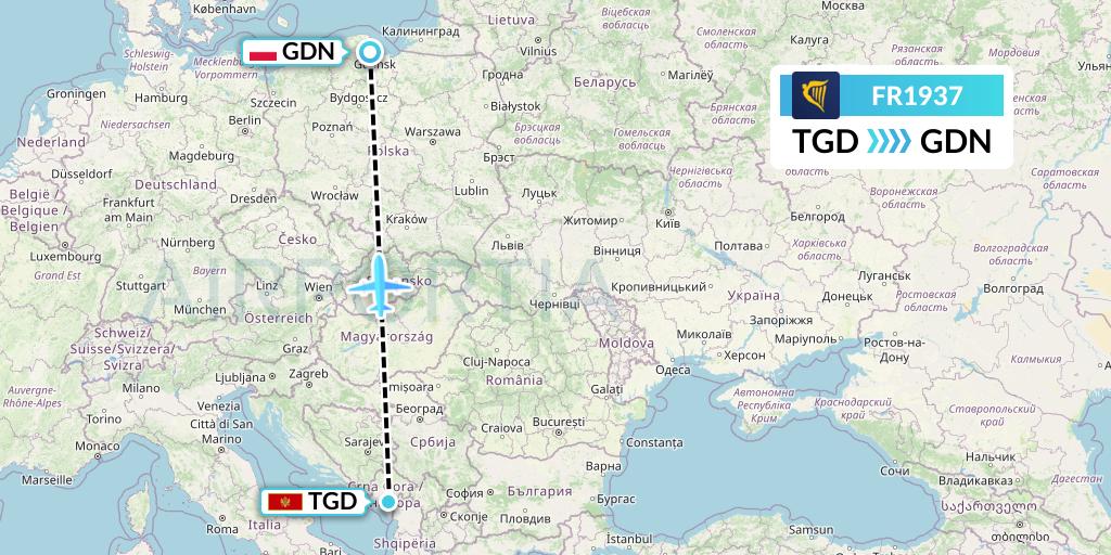 FR1937 Ryanair Flight Map: Podgorica to Gdansk