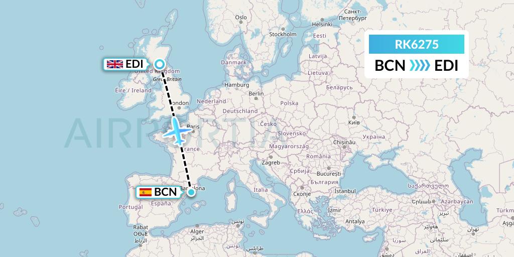 RK6275 Ryanair UK Flight Map: Barcelona to Edinburgh