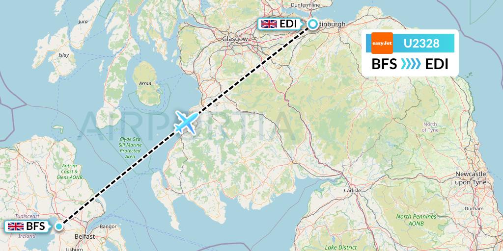 U2328 EasyJet Flight Map: Belfast to Edinburgh
