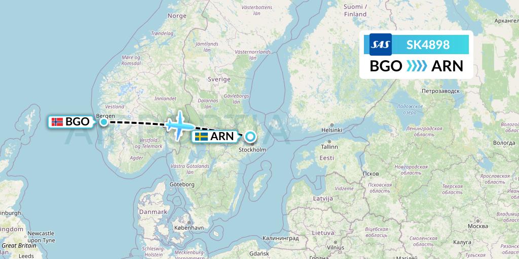 SK4898 SAS Flight Map: Bergen to Stockholm