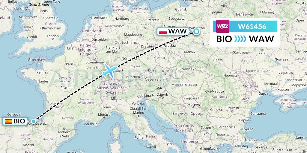 W61456 Wizz Air Flight Map: Bilbao to Warsaw