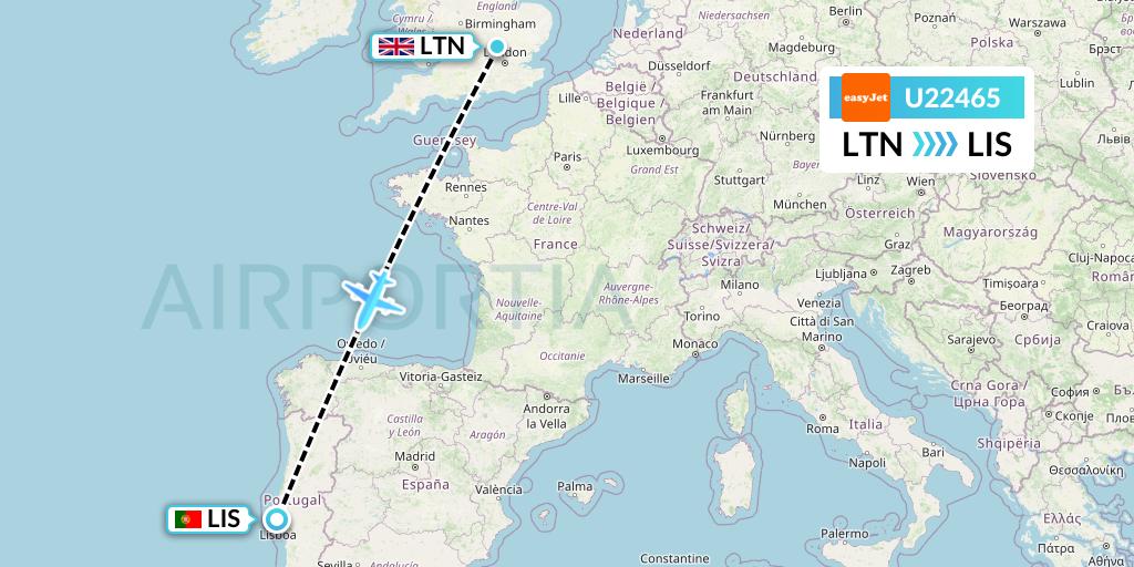 U22465 EasyJet Flight Map: London to Lisbon