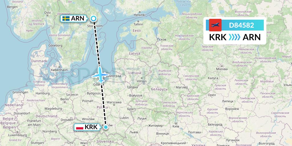 D84582 Norwegian Air International Flight Map: Krakow to Stockholm
