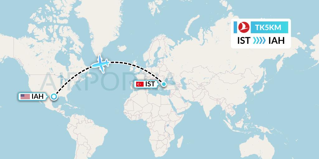 TK5KM Turkish Airlines Flight Map: Istanbul to Houston