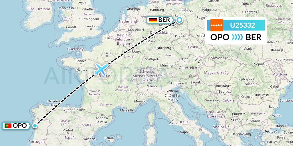 U25332 EasyJet Flight Map: Porto to Berlin