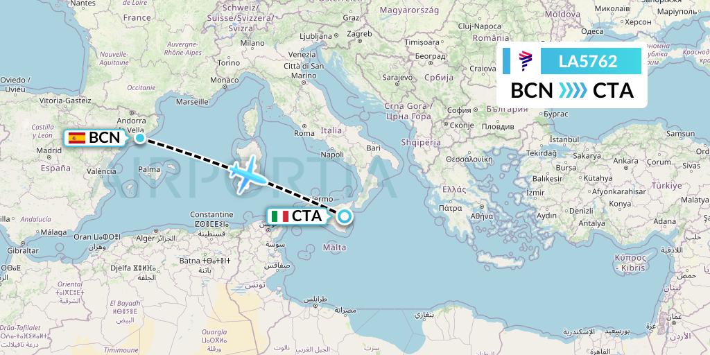 LA5762 LAN Airlines Flight Map: Barcelona to Catania
