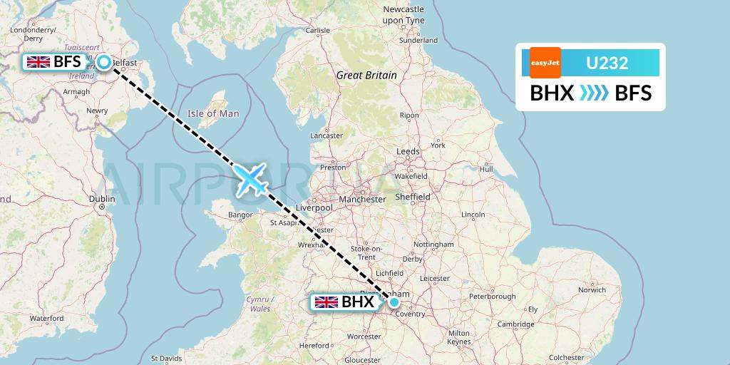 U232 EasyJet Flight Map: Birmingham to Belfast