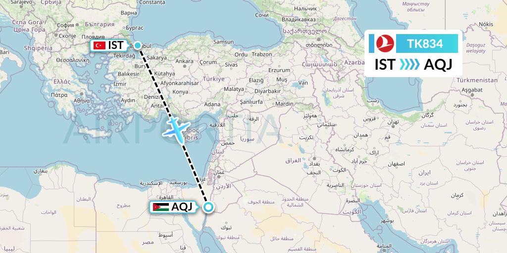 TK834 Turkish Airlines Flight Map: Istanbul to Aqaba