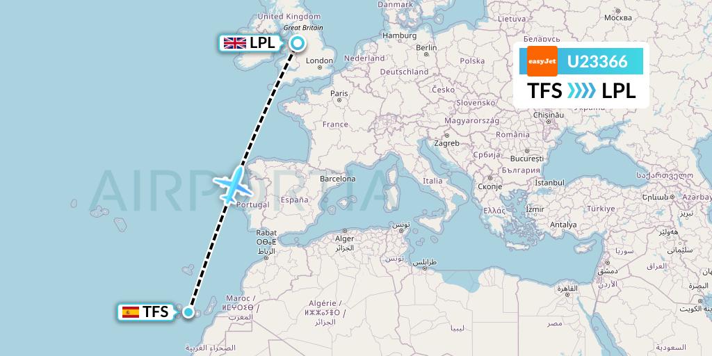 U23366 EasyJet Flight Map: Tenerife to Liverpool