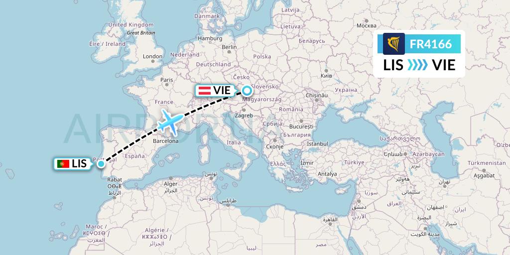 FR4166 Ryanair Flight Map: Lisbon to Vienna