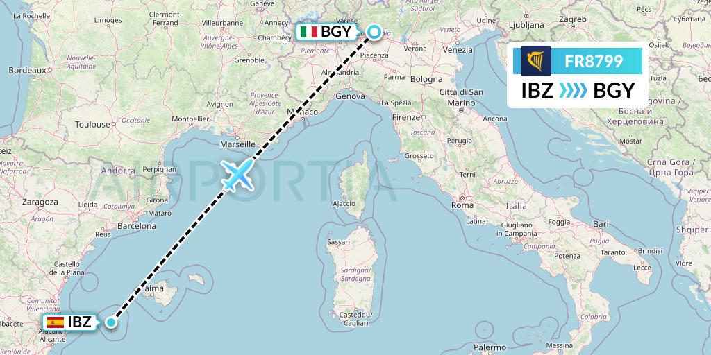 FR8799 Ryanair Flight Map: Ibiza to Milan