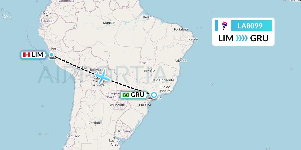 LA8099 LAN Airlines Flight Map: Lima to Sao Paulo