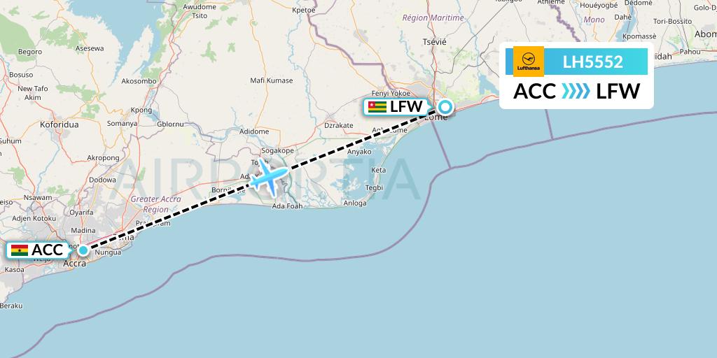 LH5552 Lufthansa Flight Map: Accra to Lome