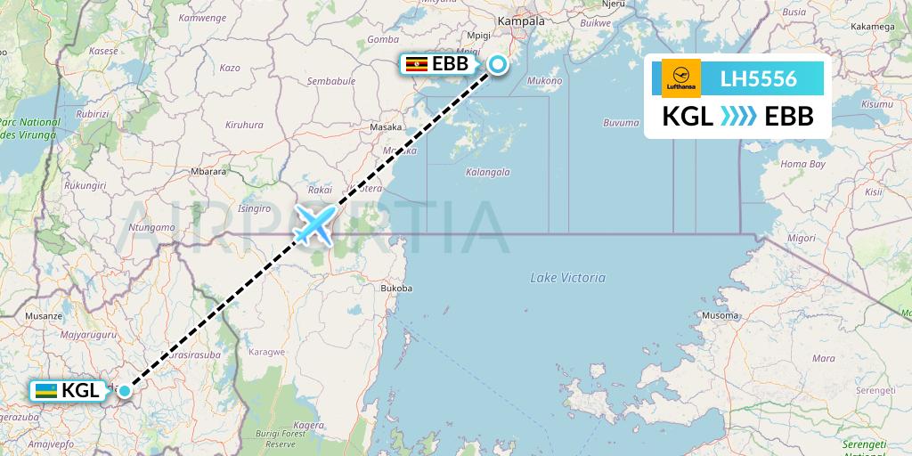 LH5556 Lufthansa Flight Map: Kigali to Entebbe