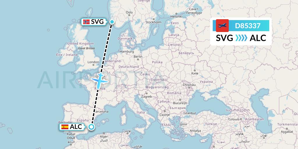 D85337 Norwegian Air International Flight Map: Stavanger to Alicante