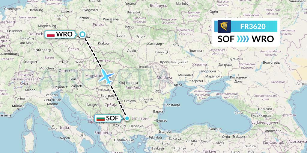 FR3620 Ryanair Flight Map: Sofia to Wroclaw