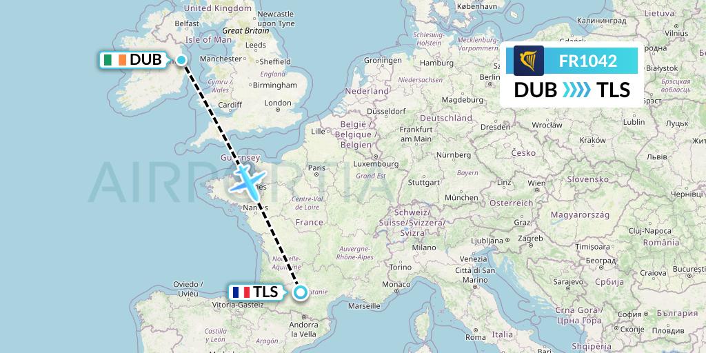 FR1042 Ryanair Flight Map: Dublin to Toulouse