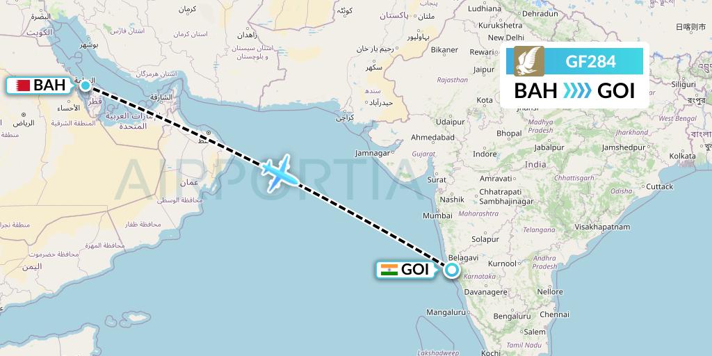 GF284 Gulf Air Flight Map: Bahrain to Goa