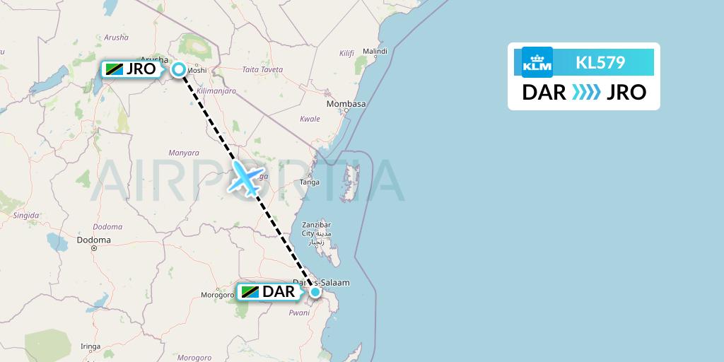 KL579 KLM Flight Map: Dar-es-Salaam to Kilimanjaro