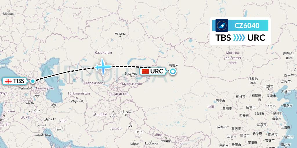 CZ6040 China Southern Airlines Flight Map: Tbilisi to Urumqi