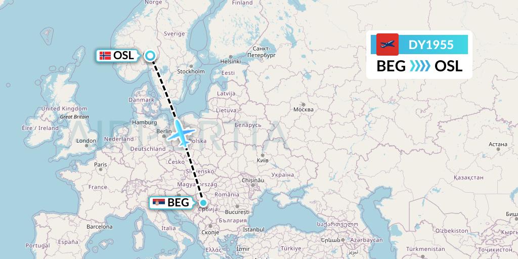 DY1955 Norwegian Flight Map: Belgrade to Oslo
