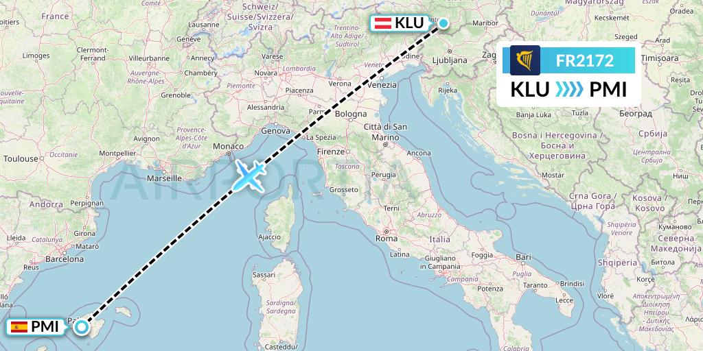 FR2172 Ryanair Flight Map: Klagenfurt to Palma de Mallorca