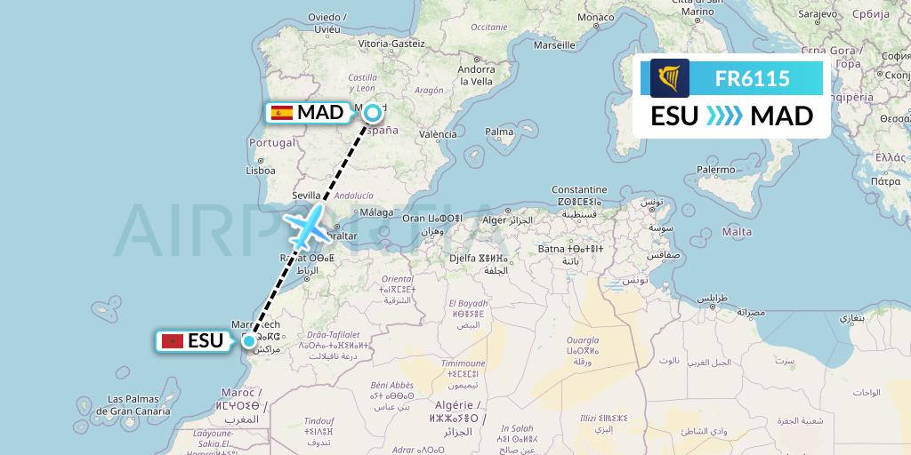 FR6115 Ryanair Flight Map: Essaouira to Madrid
