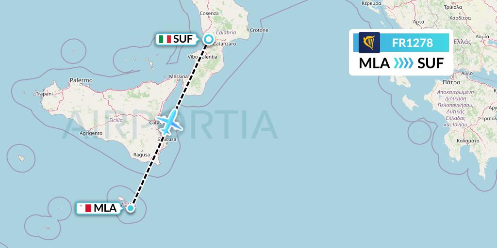 FR1278 Ryanair Flight Map: Malta to Lamezia Terme