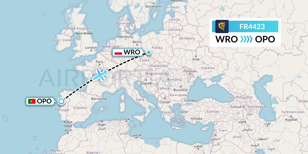 FR4423 Ryanair Flight Map: Wroclaw to Porto