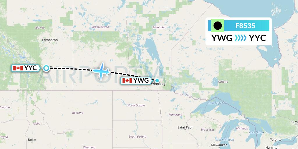 F8535 Flair Airlines Flight Map: Winnipeg to Calgary