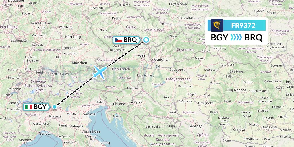 FR9372 Ryanair Flight Map: Milan to Brno