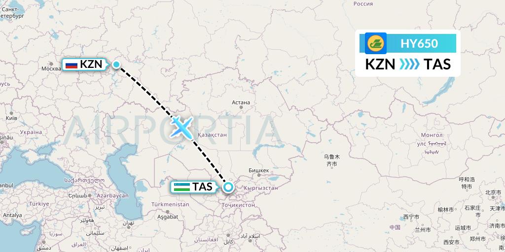 HY650 Uzbekistan Airways Flight Map: Kazan to Tashkent