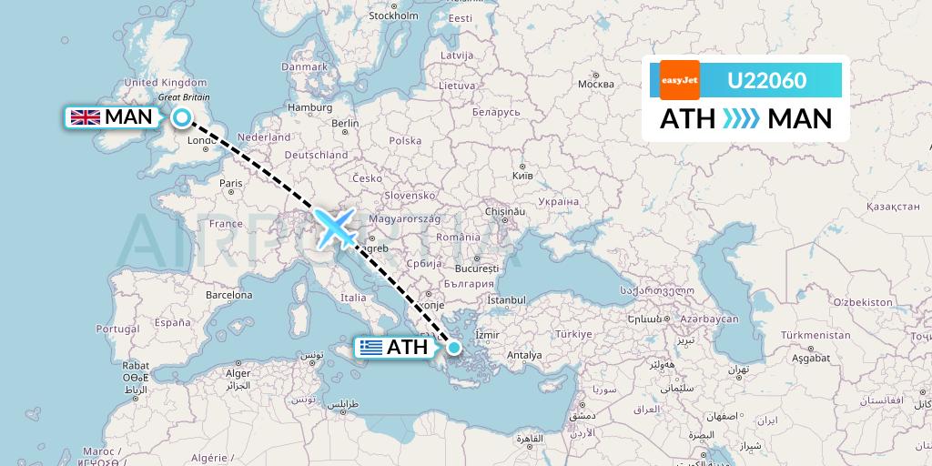 U22060 EasyJet Flight Map: Athens to Manchester