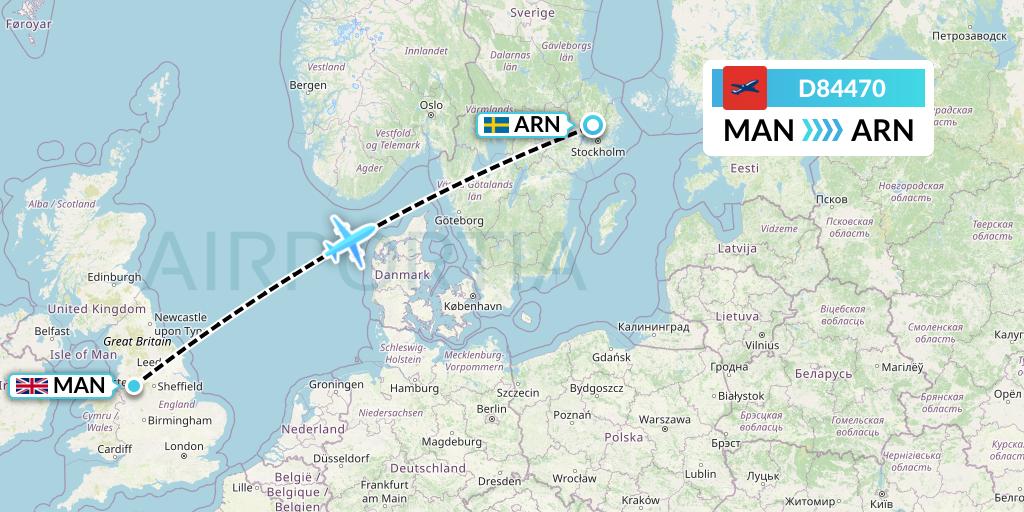 D84470 Norwegian Air International Flight Map: Manchester to Stockholm