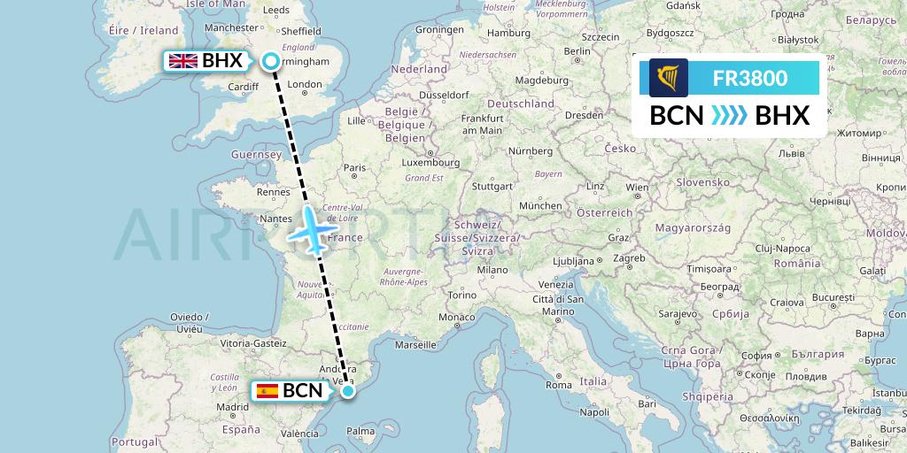 FR3800 Ryanair Flight Map: Barcelona to Birmingham