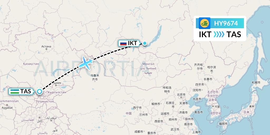 HY9674 Uzbekistan Airways Flight Map: Irkutsk to Tashkent