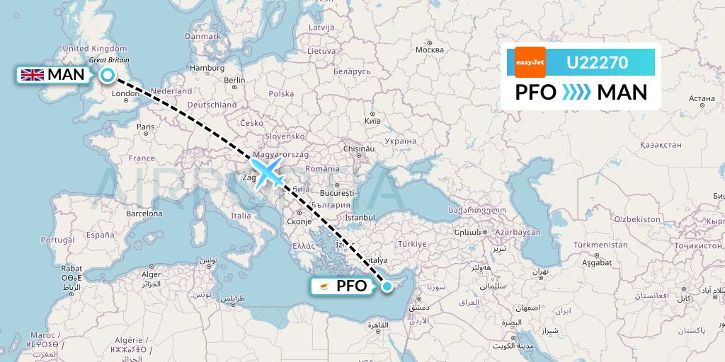 U22270 EasyJet Flight Map: Pafos to Manchester