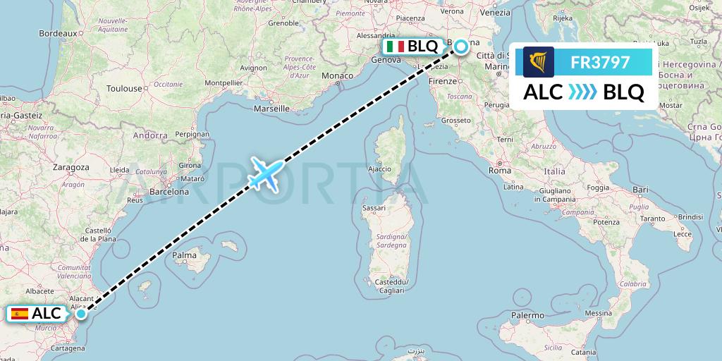FR3797 Ryanair Flight Map: Alicante to Bologna