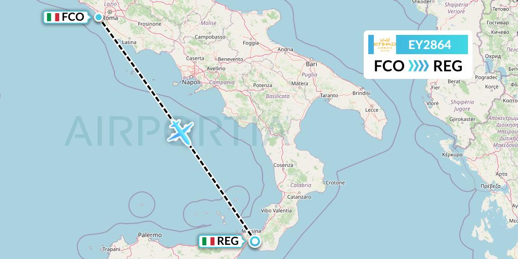 EY2864 Etihad Airways Flight Map: Rome to Reggio Calabria
