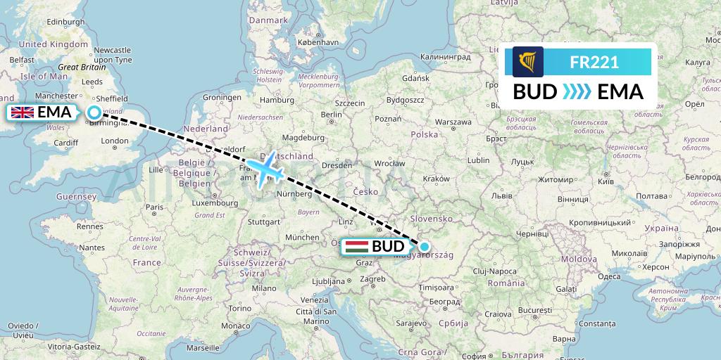 FR221 Ryanair Flight Map: Budapest to East Midlands