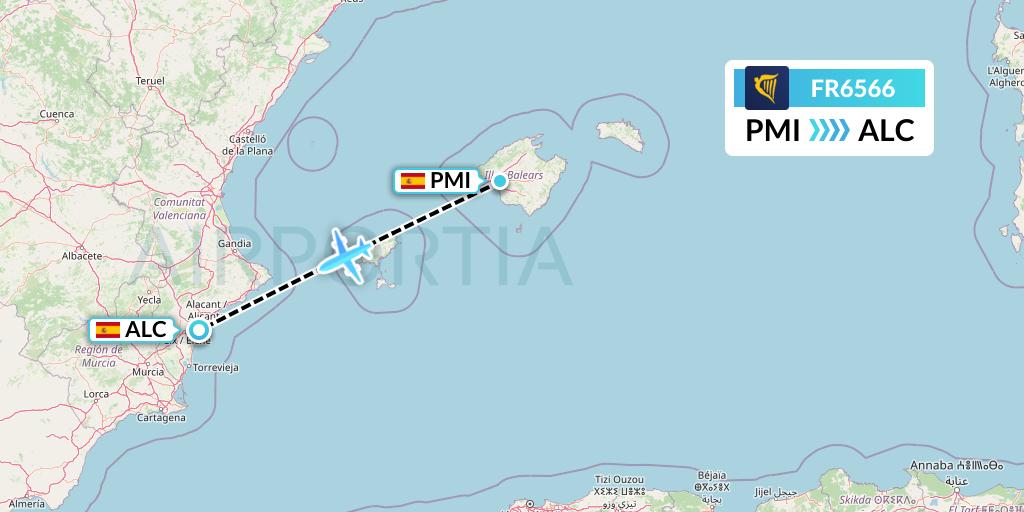 FR6566 Ryanair Flight Map: Palma de Mallorca to Alicante