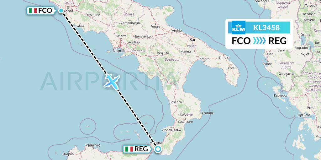 KL3458 KLM Flight Map: Rome to Reggio Calabria