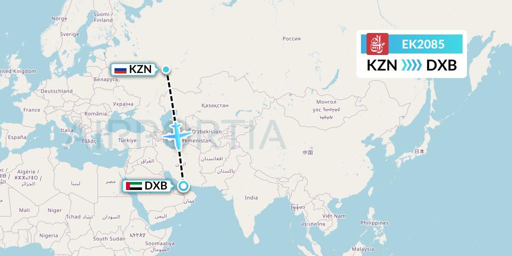 EK2085 Emirates Flight Map: Kazan to Dubai