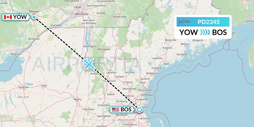 PD2345 Porter Airlines Flight Map: Ottawa to Boston